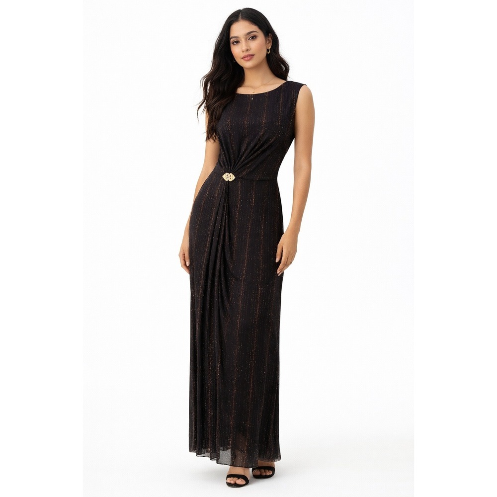 Alexa B Nites Black Glitter Stripe‎ Sleeveless Maxi Dress Brooch Accent Size 4